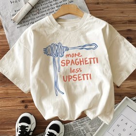Resim Kadınlar İçin Rahat Kısa Kollu Yuvarlak Yaka Tişört - "Daha Fazla Spagetti Daha Az Upsetti" Baskılı, Beyaz ve Turuncu-Mavi Yazı Desenli, Hafif Makinede Yıkanabilir Yazlık & Baharlık Günlük Giyim, Eğlenceli Tasarım, Bol Kesim Üst 