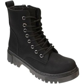 Resim Yazkış Kadın Siyah Mat Cilt Bağcıklı Fermuaralı 14cm Bilekboyu Düz Termo Taban Postal Bot 001 