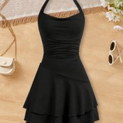 Resim Kızların Şık Siyah Rüşlu Beli Elbise Çapraz Sırt Askıları ve Katmanlı Etek ile - Polyester Karışımı, Orta Gerilim, Örgü Kumaş, Yaz İçin Mükemmel 