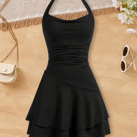 Resim Kızların Şık Siyah Rüşlu Beli Elbise Çapraz Sırt Askıları ve Katmanlı Etek ile - Polyester Karışımı, Orta Gerilim, Örgü Kumaş, Yaz İçin Mükemmel 