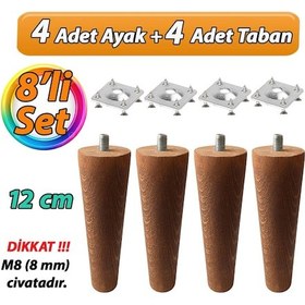 Resim Ahşap Ayak 12 Cm 8'li Set Koyu Meşe M8 Civatalı Bağlantı Aparatlı Dolap Mobilya Koltuk Kanepe Destek Ayağı Ayakları Koyu Meşe 