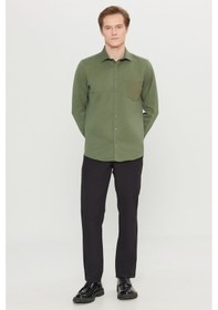 Resim AC&Co / Altınyıldız Classics Erkek Hakı Pamuklu Tailored Slim Fit Dar Kesim Klasik Yaka Armürlü Cepli Gömlek Haki 