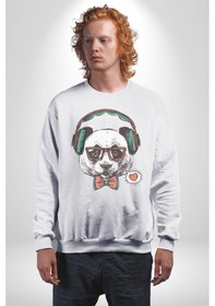 Resim Kulaklıklı Hipster Portre Panda Unisex Beyaz Baskılı Sweatshirt Beyaz 