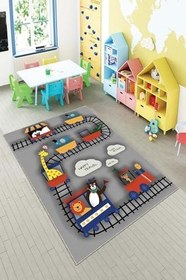 Resim Pelangi Gri Ray Desenli Yıkanabilir Kaymaz Taban Leke Tutmazbebek Ve Çocuk Odası Halısı, Gri-Kırmızı 80 x 150, 90OTC13570938015027 