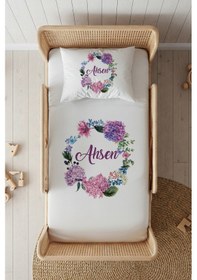 Resim %100 Pamuk Saten İsme Özel İsimli 100x200 Tek Kişilik Lastikli Çarşaf Seti Ortanca Çiçeği Beyaz 