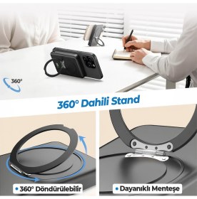 Resim Woyax Magsafe Powerbank 360° Standlı Metal 10.000mAh 20W Hızlı Taşınabilir Şarj Cihazı Stand iPhone 11 12 13 14 15 16 17 Pro Max Samsung-Xiaomi Uyumlu 