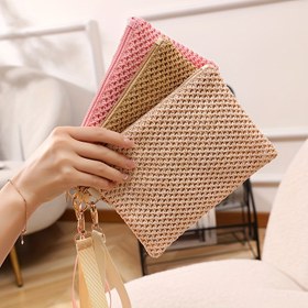 Resim Kadınlar için Şık Oyuklu Hasır Plaj Çantası - Fermuarlı, Kart & Bozuk Para Tutuculu, Bilek Kayışlı Anahtarlık, Hafif Dokuma Cüzdan Pembe, Bej & Kahverengi, Plaj Çantası 