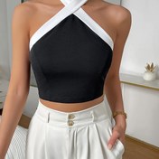 Resim Kadınların Şık Halter Yaka Kolsuz Üstü Renk Bloğu Detaylı - Siyah ve Beyaz, Sırtı Açık, Bahar/Yaz için Mükemmel, Yaz Üstü|Minimalist Moda|Sırtı Açık Üst 