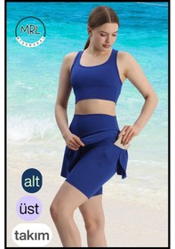 Resim Kadın Takım Alt - Üst Biker Şort Diz Üstü &crop Bra Ped Destekli Denizde Havuzda Sporda Mavi Mavi 