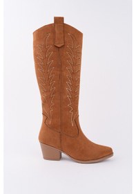 Resim Muggo Texas Sivri Burun Nakışlı Kalın Topuklu Kadın Kovboy Western Çizme TABA SÜET 