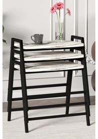 Resim Zigon Sehpa , Aden 3'lü Tepsi Zigon Sehpa Takımı Siyah Metal - Beyaz Mermer Tabla Siyah-beyaz Mermer 