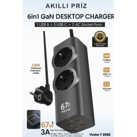 Resim vooka 6in1 67W Gan Akıllı Priz | 3A Hızlı Şarjlı Masaüstü Çoklu Şarj Istasyonu 3 Type-C + 1 USB + 2 Acpriz 