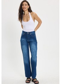 Resim Tudors Kadın Relax Fit Rahat Kesim %100 Pamuk Cepli Geniş Paça Lacivert Jean Kot Pantolon-50734 