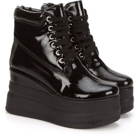 Resim Stilo Dolgu Topuk Kadın Siyah Rugan Bot Bağcıklı Yüksek Taban 