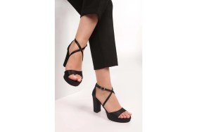 Resim Shoeberry Kadın Dia Siyah Saten Platform Topuklu Ayakkabı 