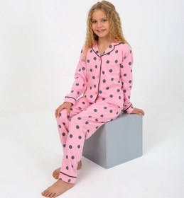 Resim Kız Çocuk Uzun Kollu %100 Pamuklu Düğmeli Pijama Takımı Soft Pembe 