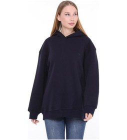 Resim Pastelastore Pamuklu Kapüşonlu 3 İplik Şardonlu Kalın Oversize Sweatshirt Lacivert 