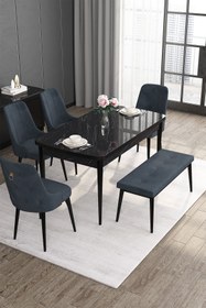Resim Canisa Concept Noa Serisi 80x132 Açılabilir Mdf Siyah Mermer Desen Masa Takımı 4 Antrasit Sandalye Ve 1 Bench 