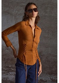Resim Grimelange Bogotan Kadın Slim Fit Vücudu Saran Süet Belden Bağlamalı Ipli Kahverengi Gömlek Kahverengi 