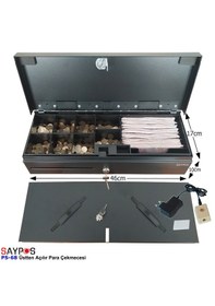 Resim Kolay Açma Butonlu Flip Top Para Çekmecesi Anahtarlı Üstü Açılır Metal Para Kasası 46x17x10cm 