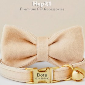 Resim Cat Collar Velvet Named Bell Cat Collar 755153 - Beige COLLAR + BOWTIE / L 