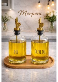 Resim Qerhome Bambu Stantlı 2'li Gold Başlıklı Şeffaf Cam Yağdanlık Seti 500 Ml+500 Ml Oliva Glass Beyaz 