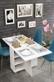 Resim dekor fim DF01107B Pratik, Katlanır, Açılır Kapanır, Beyaz 3 Raflı 3 Çekmeceli Mutfak, Yemek, Çalışma Masası 