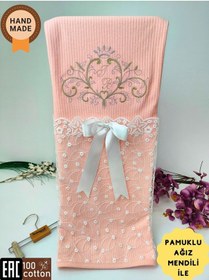 Resim Pembe Kız Bebek Battaniyesi %100 Pamuklu Şık Dantelli Nakışlı Doğal Organik Uyku Örtüsü Yenidoğan Somon 