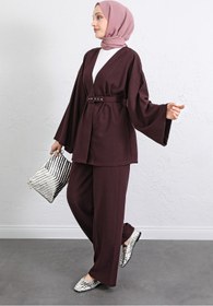 Resim MODAQU Kemerli Kimono Pantolon İkili Takım - Mürdüm 