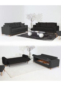 Resim Nola Koltuk Takımı 3+3 & Bazalı Yataklı Koltuk & Kanepe - Keten Siyah-antrasit 