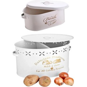 Resim Toptanfoni 2'Li Metal Mutfak Seti Metal Ekmek Sepeti Bölmeli Metal Patates Soğanlık Beyaz 