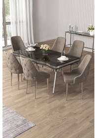 Resim Canisa Vae Serisi 90x160 Lak Panel Antrasit İroni Krom Ayak Masa Takımı 6 Cappucino Sandalye Antrasit İroni Masa Capucino Sandalye Ayaklar Krom 