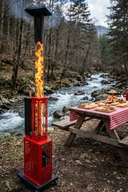 Resim DT DEFNE TASARIM Pelet Soba Roket Pelet Sobası Kasalı Muhafazalı Tekerlekli Pelet Soba Kırmızı 