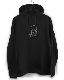 Resim YEACHY Unisex Siyah Komik Hediye Göbekli Şişko Çocuk Minimalist Baskılı Kapşonlu Sweatshirt 