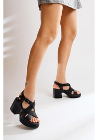 Resim Siyah Renk Dolgu Yüksek Topuk Bantlı Kadın Sandalet 001 