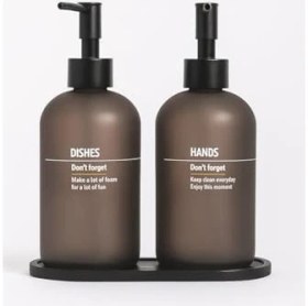 Resim Bulaşık Deterjanlık ve Sabunluk Seti Bambu Tepsili Şık Ikili Set Siyah Beyaz Modern Tasarım Kompozit Malzemeli Mutfak Tezgah Üstü Organizer (Gri) 