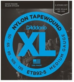 Resim D'Addario ETB92-5 XL Nylon Tapewound 5 Telli Bas Gitar Tel Seti - 50-135 Medium (Profesyonel) | Siyah Naylon Sargı, Sıcak ve Perküsyif Ton, Pürüzsüz Yüzey ve Uzun Ömürlü Yapı 