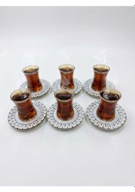 Resim Çay Takımı 6 Kişilik Seramik Tabaklı Çay Bardağı + Çay Tabağı Şeffaf 