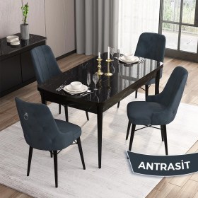 Resim Canisa Concept Are SERISI 80 x 132 cm Mdf Açılabilir Siyah Mermer Desen Masa Takımı 4 Sandalye Gümüş Halkalı 