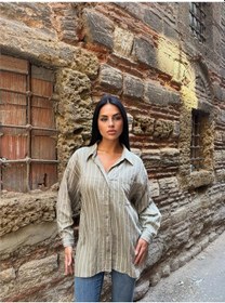 Resim WeShaya Haki Çizgili Oversize Keten Gömlek Haki 
