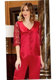 Resim Jeremi 619 İpek Saten Dantelli Uzun Altılı Set - Bordo Bordo 