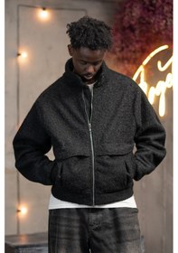 Resim Akçaylar Oversize Crop Model Yan Cepli Astarlı Kırçıllı Mont Siyah 