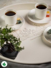 Resim Lin Metal 37cm Yuvarlak Tepsi Ahşap Kulplu Kaktüs Baskılı - Krem 