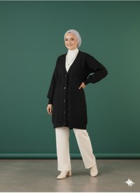 Resim FAVORİST Tesettür Uzun Hırka Soft Düğmeli Pamuklu 