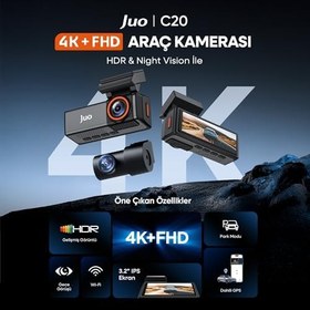 Resim Juo C20 4K UHD Ön + FHD Arka 2 Kameralı WiFi GPS HDR Araç Kamerası 3.4" IPS Ekranlı 170 Derece Geniş Açı Gece Görüş 