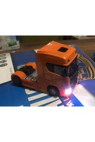 Resim metaş oyuncak Oyuncak Metal Model Işıklı Sesli Turuncu Scania Tır Çek Bırak 12 cm 