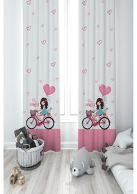 Resim Mekta Home Bebek Ve Çocuk Odası Bisikletli Kız Ve Kalpli Balon Desenli 2 Kanat Fon Perde 