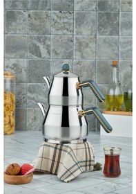 Resim Everest 18/10 Paslanmaz Çelik Orta Boy Çaydanlık 0,75 L Demlik 1,75 L Alt Hazne Yeşil 