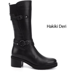 Resim GÖNDERİ(R) Kadın / Kız Siyah Fermuarlı Kalın Topuklu Hakiki Deri Çizme 