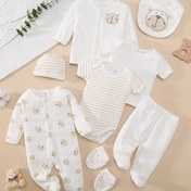 Resim Erkek ve Kız Çocukları için İlkbahar/Yaz Rahat Yumuşak Karikatür Mutlu Ayı Baş Baskılı Tulum & Şapka & Önlükler & Çoraplar & Pantolon & Ceket & Üst & Üçgen Sütyen Takımı, Dış Mekan İçin Mükemmel - 8 Parça Set 